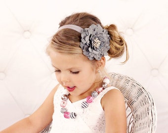 Gray Flower Headband, Velvety Flower w/ Pearl & Crystal Center Silver Headband or Hair Clip, The Eva, Baby Toddler Child Girls Headband