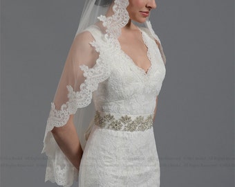 wedding veil, bridal veil, mantilla veil, elbow length veil, alencon lace veil, wedding veil ivory, wedding veil white