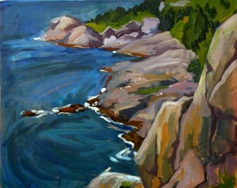 Monhegan Headlands, Maine. 20x20 Oil on Canvas, Plein Air Impressionist Seascape, Large Realist Oil Painting, Signed Original Fine Art