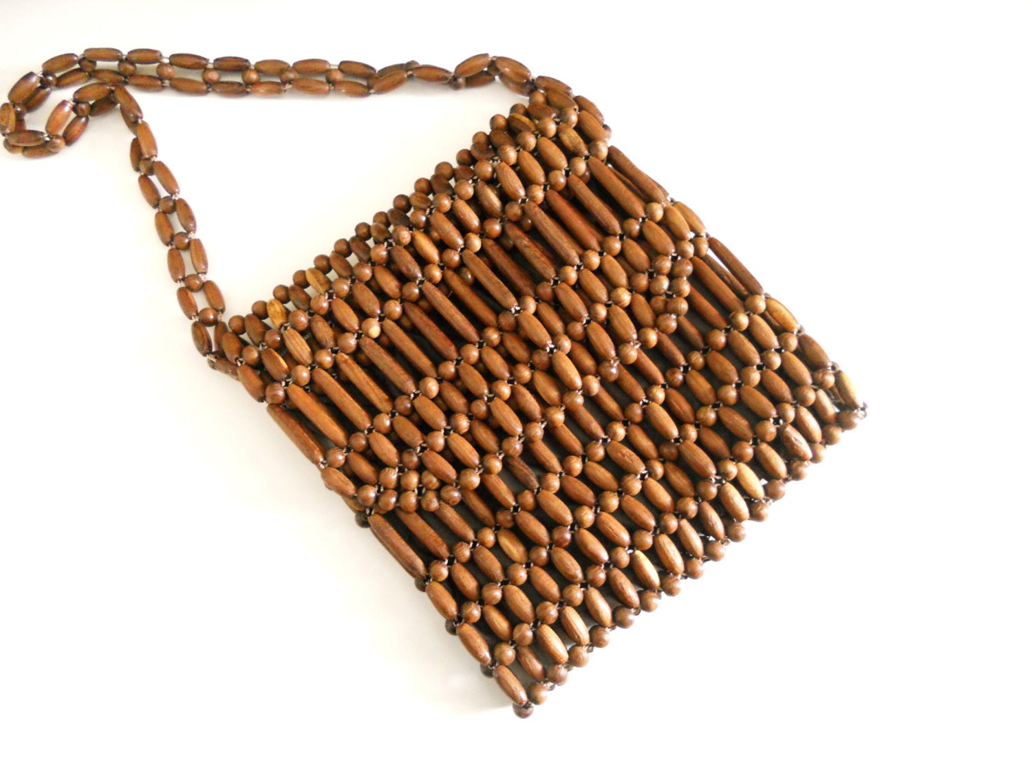 Vintage Boho Brown Wooden Beaded Shoulder Bag Tote Purse