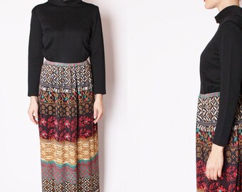 Designer 1960s Vintage Tribal Maxi Dress / Long Dress / Dresses / Multi Color / Tribal Print / Long Black Dress / 1603
