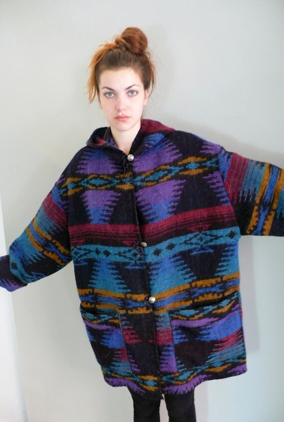 80's Aztec Wool Hooded Blanket Coat by MarmaladeNYC on Etsy