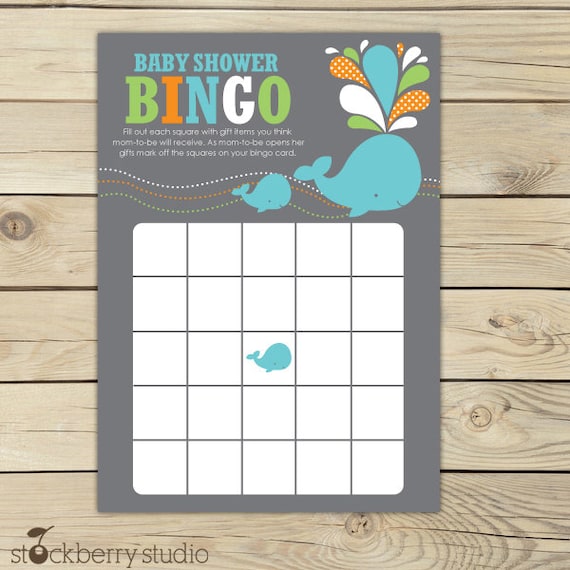 Whale Baby Shower Bingo Game Printable - Orange Gray Aqua Blue Baby Shower Bingo Cards - Boy Baby Shower Games - Activity Instant Download Il_570xn