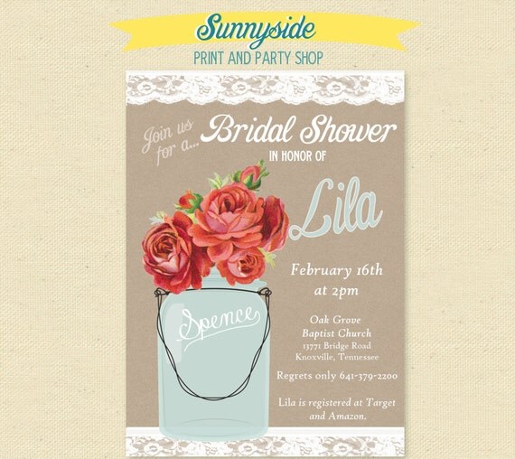 Lace Mason Jar - Vintage Rose Floral Rehearsal / Shower Invite - Printable Invitation Il_570xn