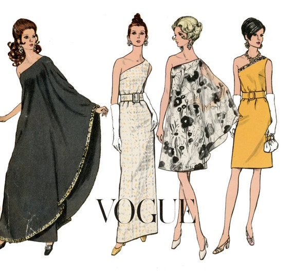 1960s Evening Dress Pattern Vogue 7528 Misses One Shoulder