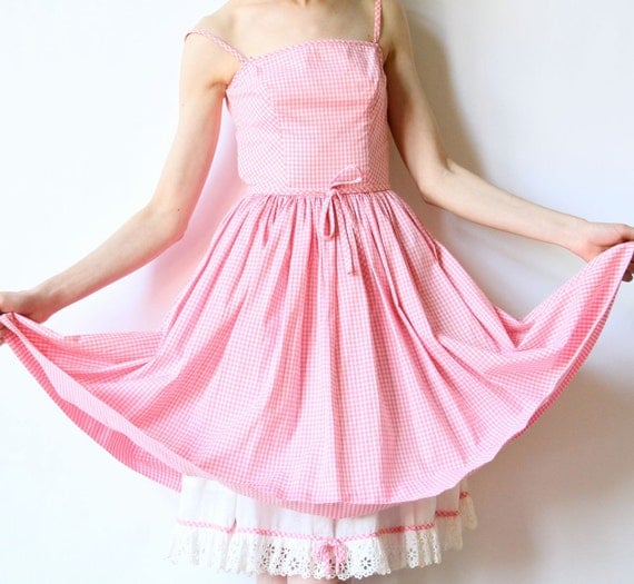 Items similar to 60s Lanz Party Dress, Pink & White Gingham Check ...