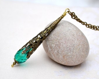 Teal green Crystal pendulum necklace green Witchcraft Necklace Spike Necklace Fantasy Magical Pendant Beaded Necklace Cosplay gift for her