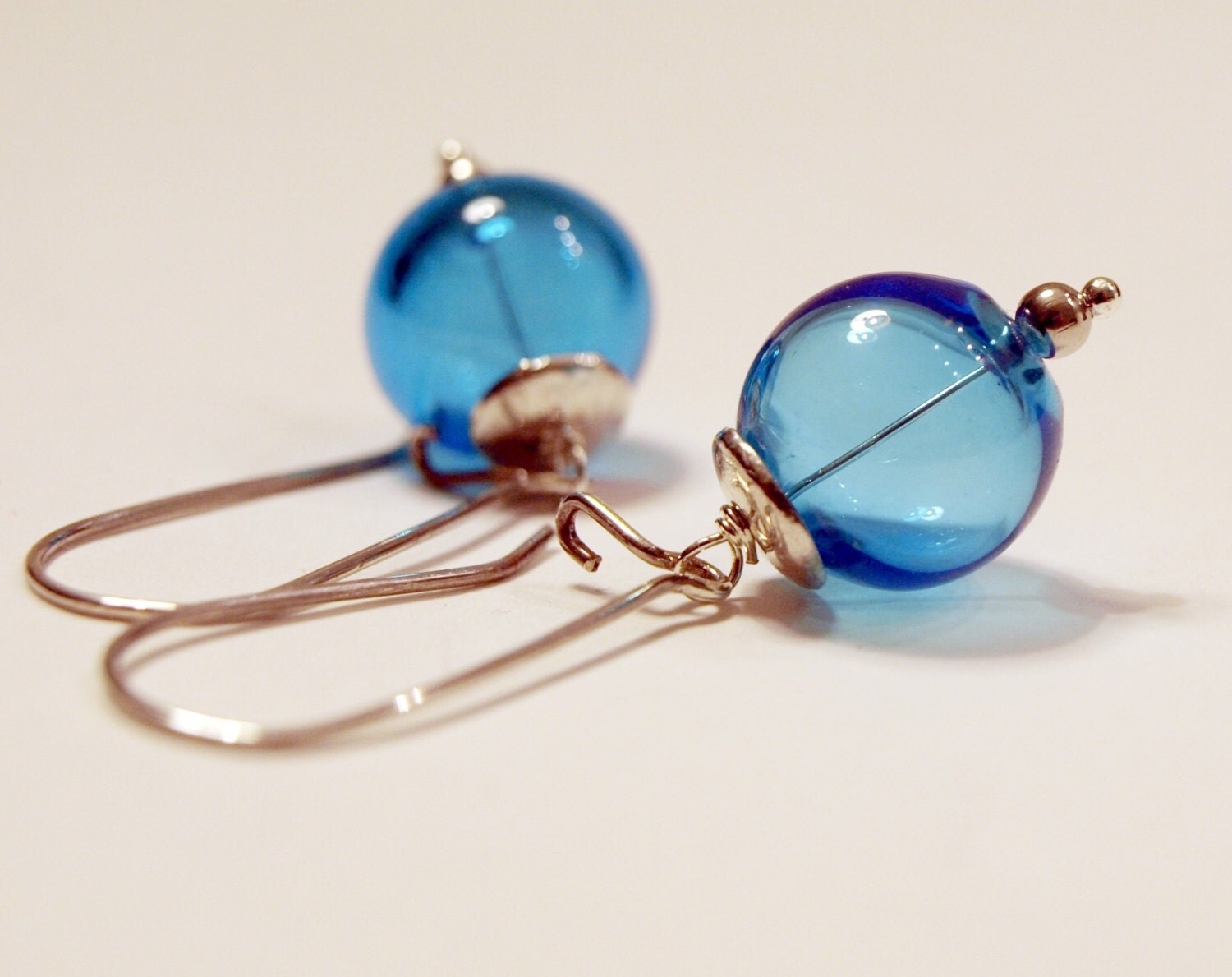Blue Hand Blown Glass Earrings & Sterling Silver Dangle