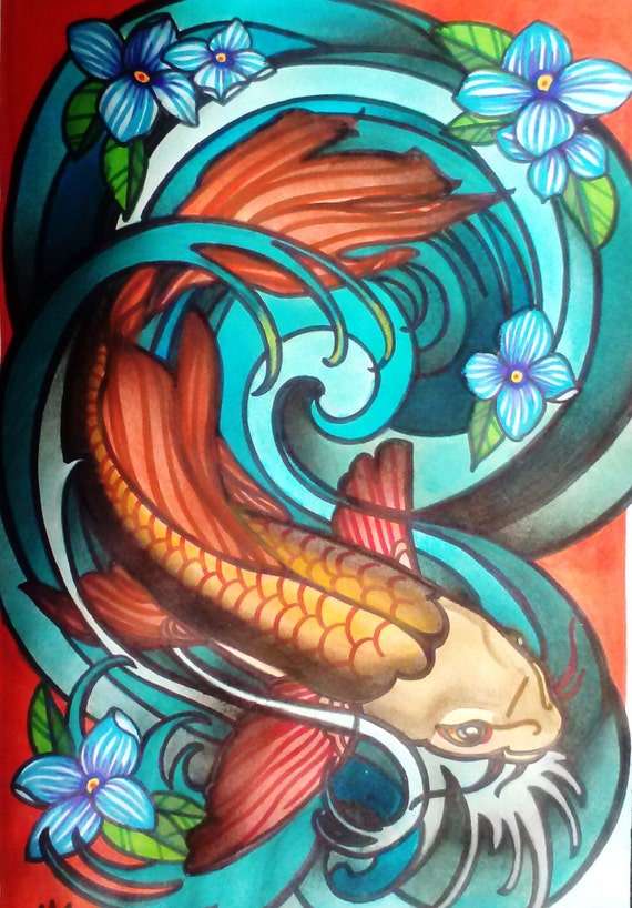 koi fish in wave art deco or art nouveau stained glass fish