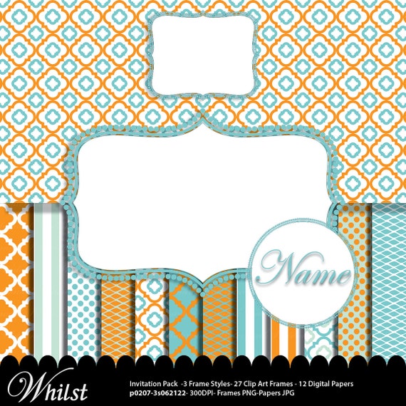 Aqua and Orange digital paper frame clip art, stripe polka dot : p0207 3s062122 IP Il_570xn