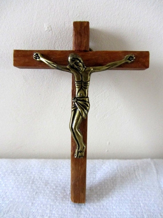 Small French Vintage Wall Crucifix Cross Wood Brass