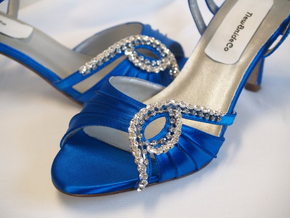 Ready to Ship Size 7 Something Blue Wedding Shoes, Royal Blue Open Toe Satin Shoes, Crystals & 2.5 inch heels, ankle strap, stiletto heel