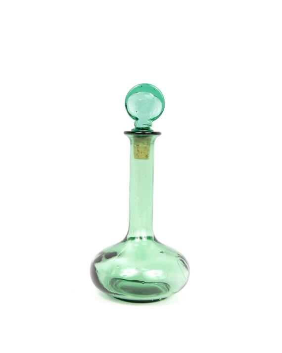 Vintage Green Glass Decanter Hand Blown Embossed Head Cork