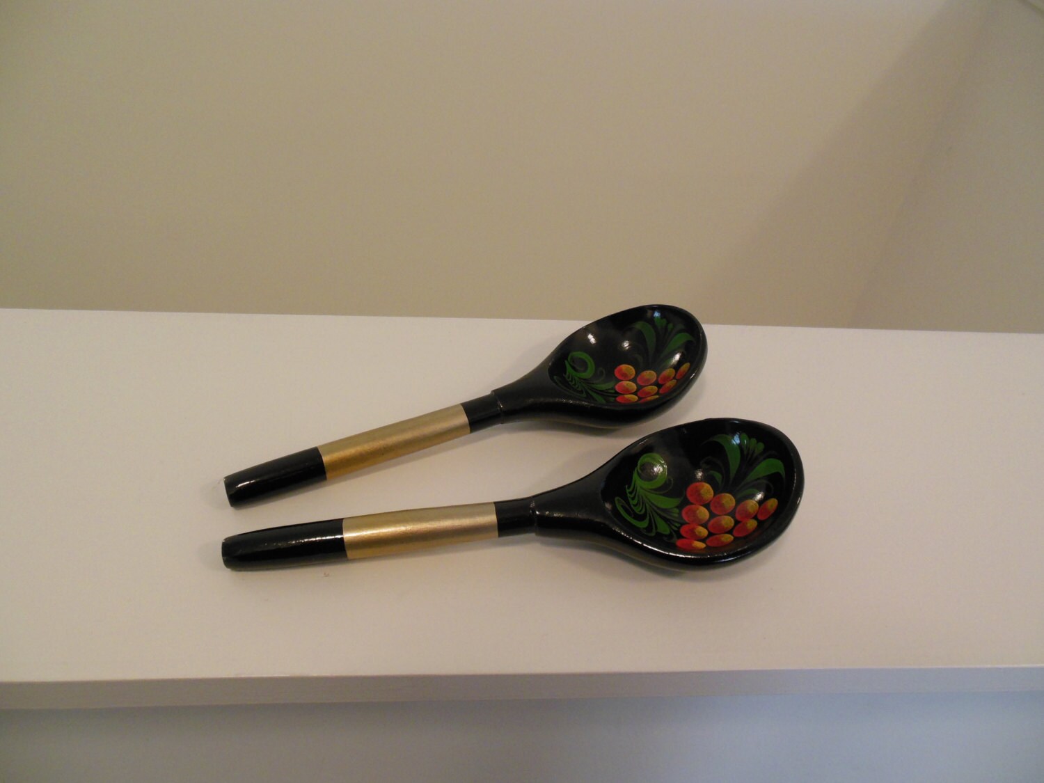 Russian Painted Spoons Khokhloma Style Pair of Decorative Serving Spoons Haute Juice