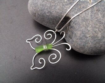 Sea glass jewelry, Lime green sea glass centers handformed sterling silver butterfly