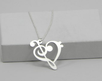 Music Note Necklace - Bass Clef and Treble Clef Heart - Sterling Silver