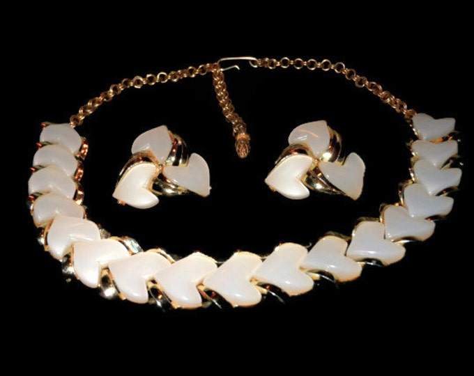 FREE SHIPPING Moonglow heart choker and clip earrings, wedding set, Lisner style white thermoset 1950s necklace and clip earrings, gold tone
