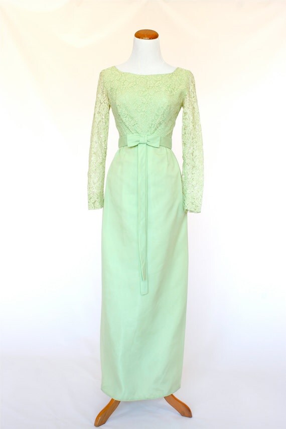 60 s Vintage Prom  Dress  Soft  Green  Long Dress  by 