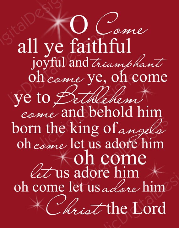 Items similar to O Come All Ye Faithful Christmas Carol Word Art Lyrics Printable Digital ...
