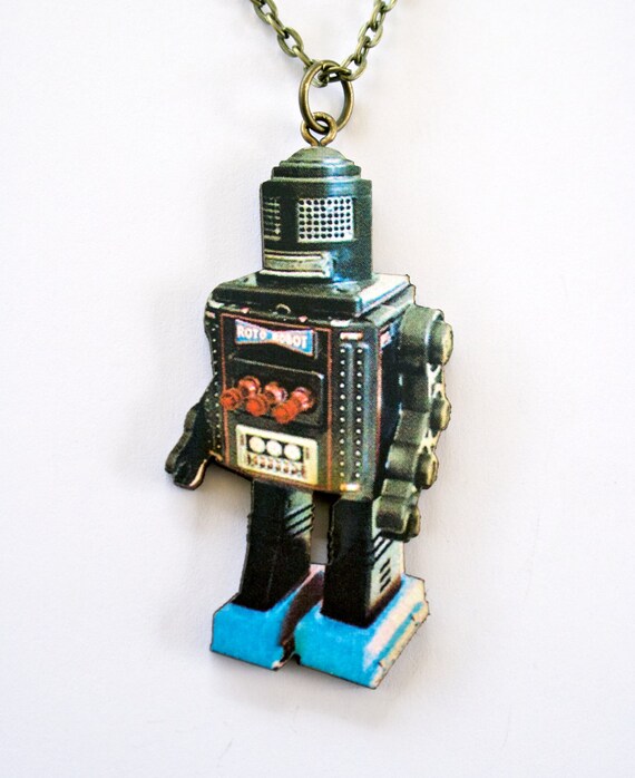 Robot Necklace Wood Cut