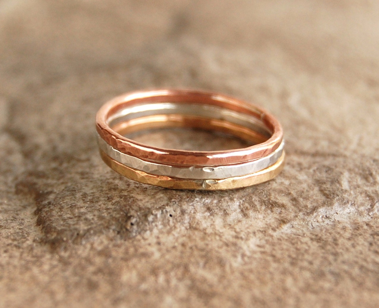 Mixed Metal Stacking Ring Set of Three Sterling Silver Copper