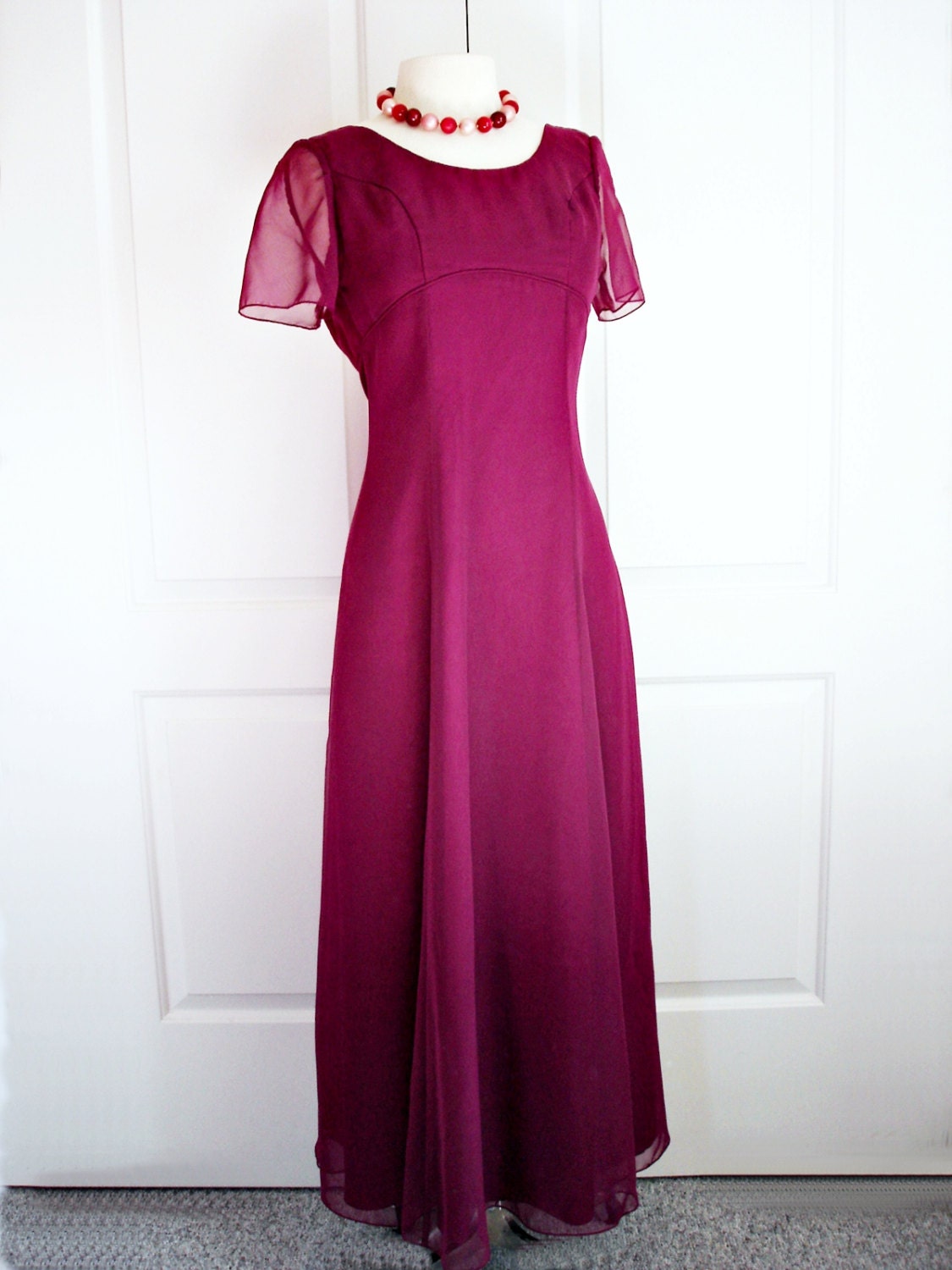 Vintage 80s party dress/ marsala red gown/ chiffon overlay/