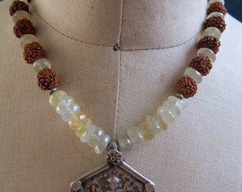 Antique Indian Silver Durga Amulet with Rudrakshas and Large Faceted Prehnite