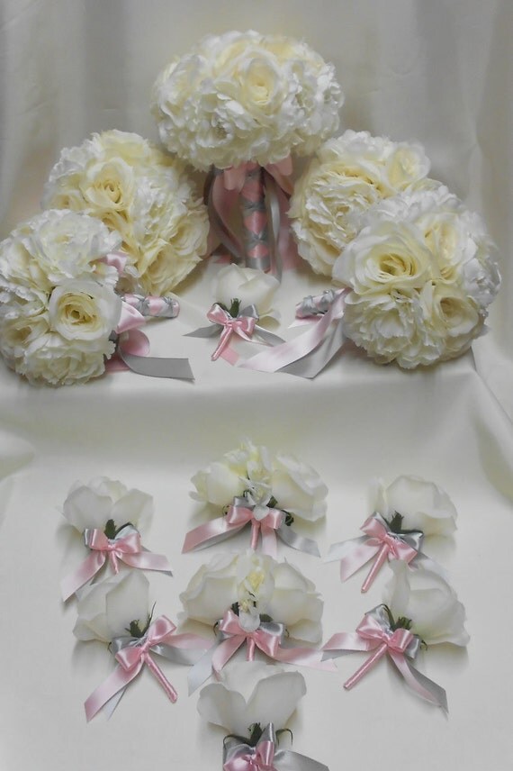 Wedding Bridal Bouquets Your Colors 18 pcs Package Ivory Peony Champagne Roses Silver Gray Pink Toss Bridesmaids  Boutonniere Corsages