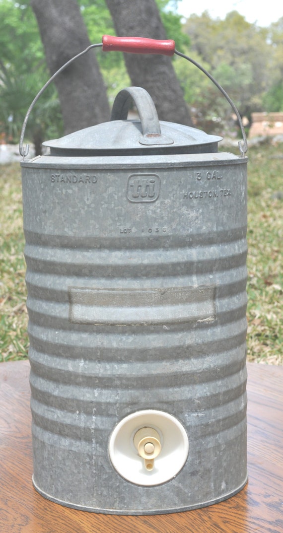 Vintage Galvanized Water Jug TTI Houston Texas 3 Gallon Cooler
