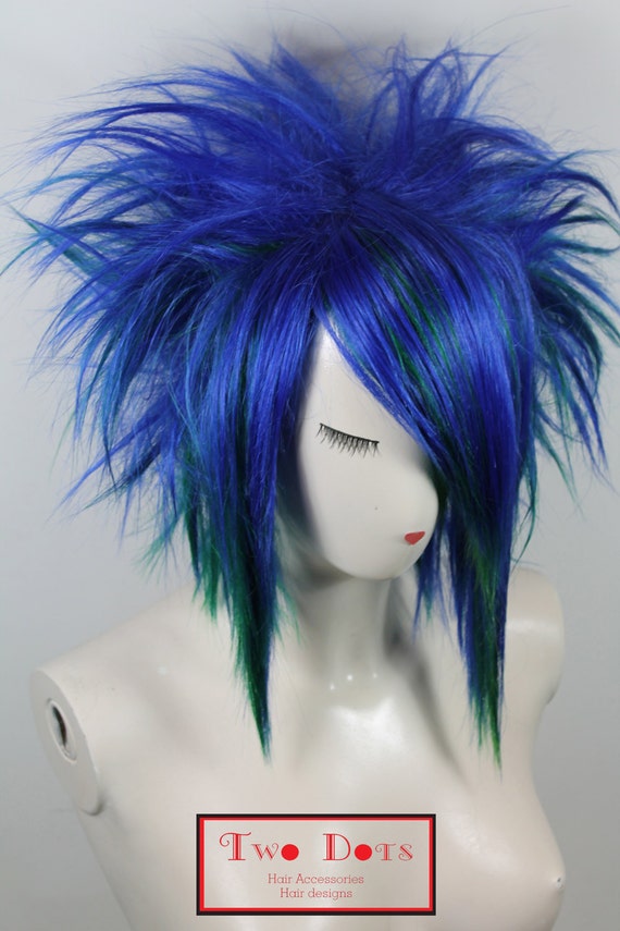 EMO Punk Spiky Blue & Green Wig. Synthetic Hair by TWODOTSHAIR