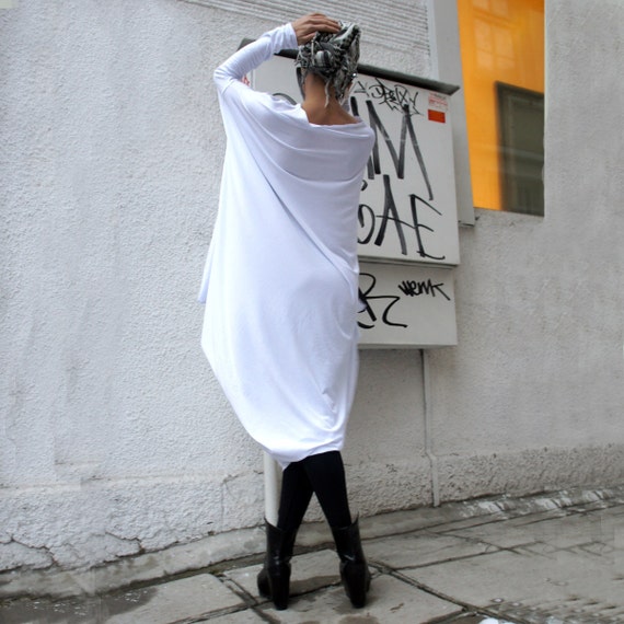 Oversize White Loose Casual Top / Asymmetric Raglan Long