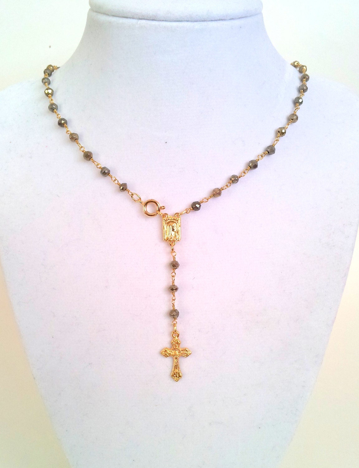 Gold Rosary Necklace Pyrite Gemstones Womens Custom Rosaries