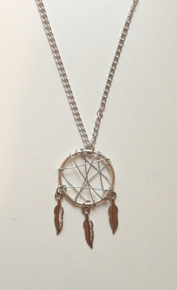 Silver Wire Dream Catcher Necklace with Feathers by CrystalandMint