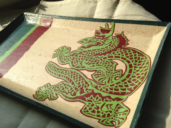 Dragon Korean Hanji Paper Tray Vide-Poche Rectangular Handmade Korea Asian Decor