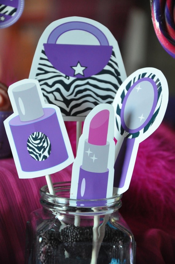 Diva Glam Spa Party purple zebra print pdf printable cake topper