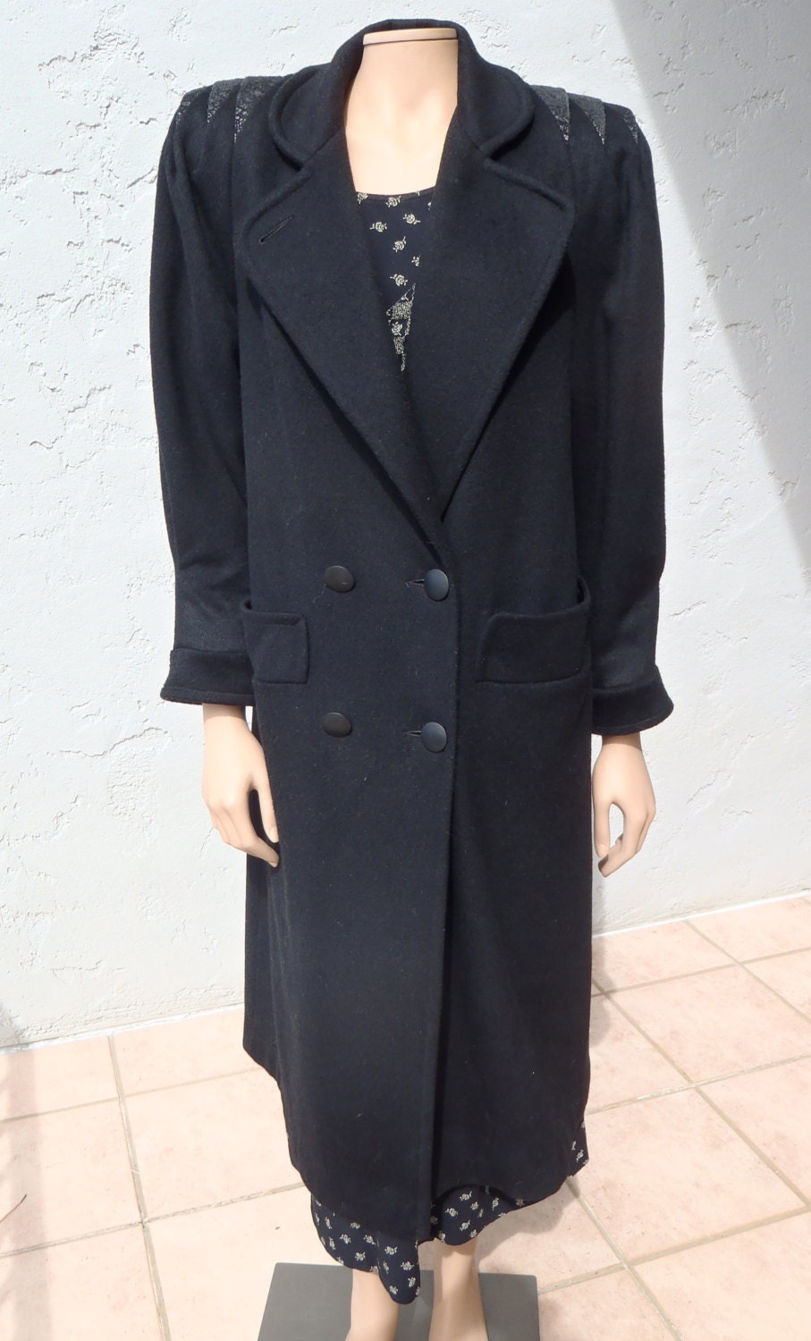 80's Black Wool Long Coat Jacket/ Classic 80's High