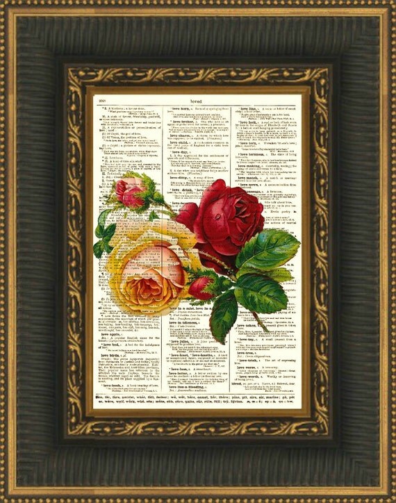 Items similar to Upcycled Roses on Antique Dictionary Page, Red and