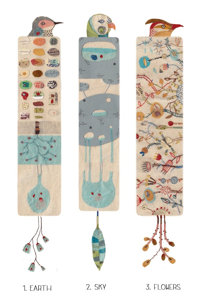 set of 3 illustrated bookmarks nature inspiration birds and