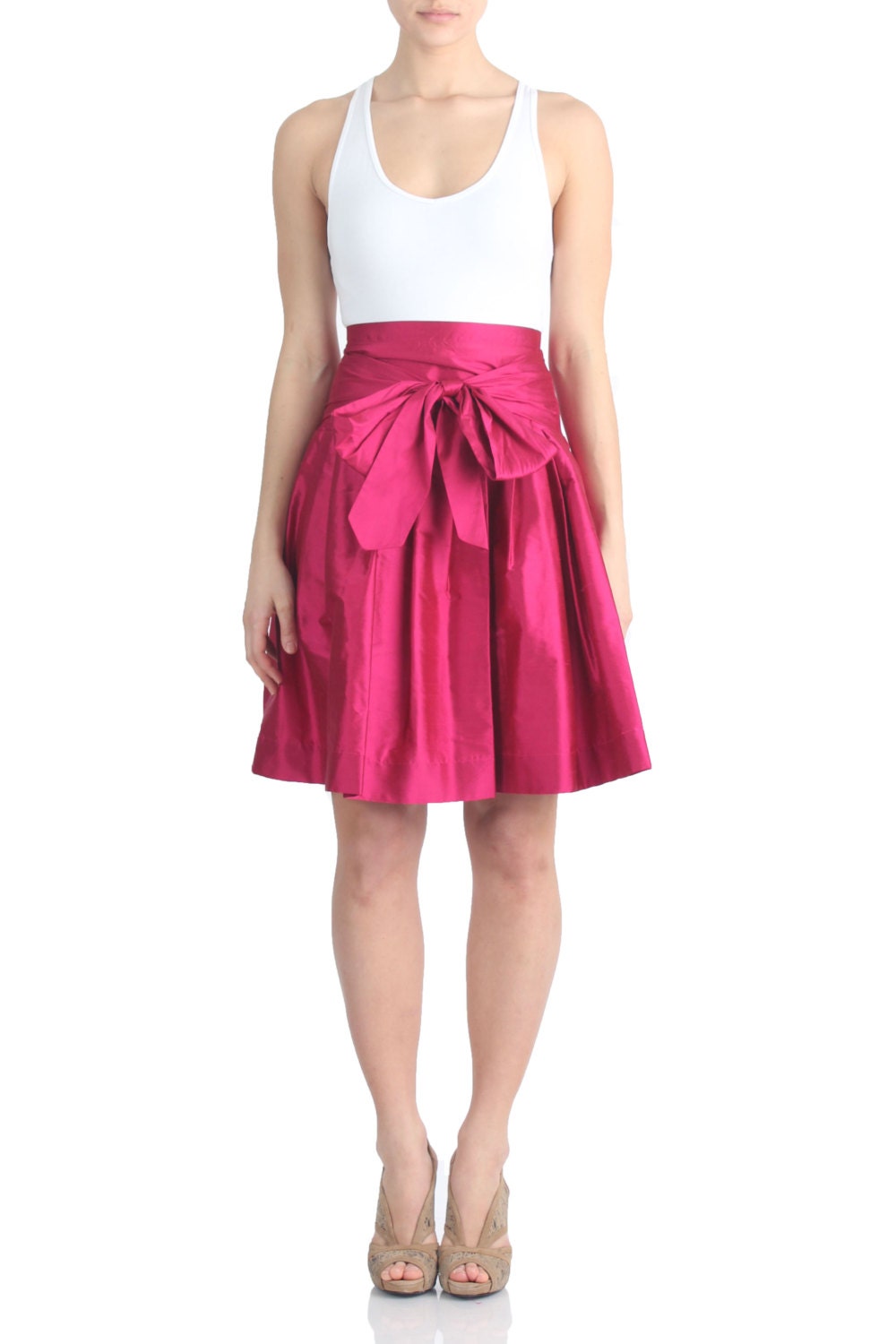 FINAL SALE Silk Pleated Bow Skirt Magenta by TetianaKClothing