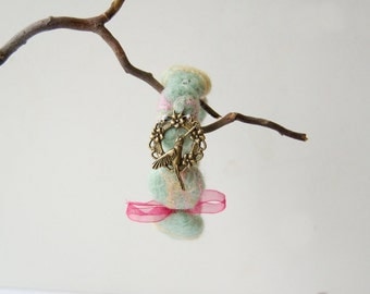 Hummingbird Felted bracelet, mint green bracelet, pink and yellow, pastel colours, felted beads, eco friendly,