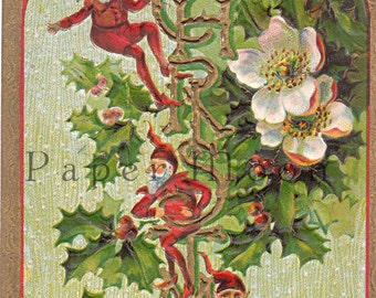 Items similar to Antique New Year Gnome Postcard Good Luck Elves ...