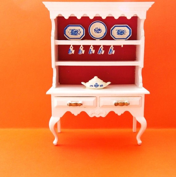 Vintage Lundby Dollhouse White China Cabinet Hutch - 1970s Miniature 