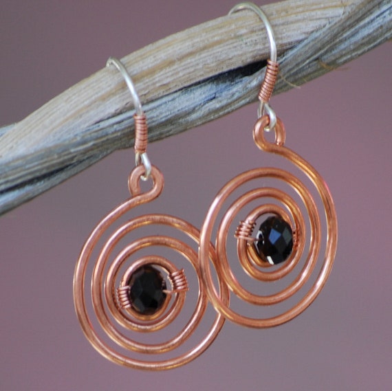 Copper Earrings Black Agate Wire Wrapped Hammered Coil