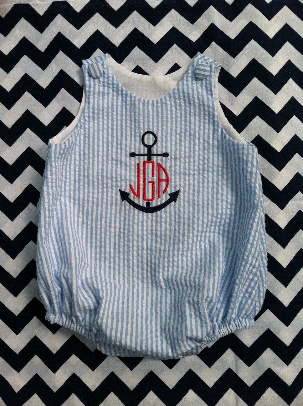 Blue and White Seersucker Monogrammed Baby Boys Bubble Anchor