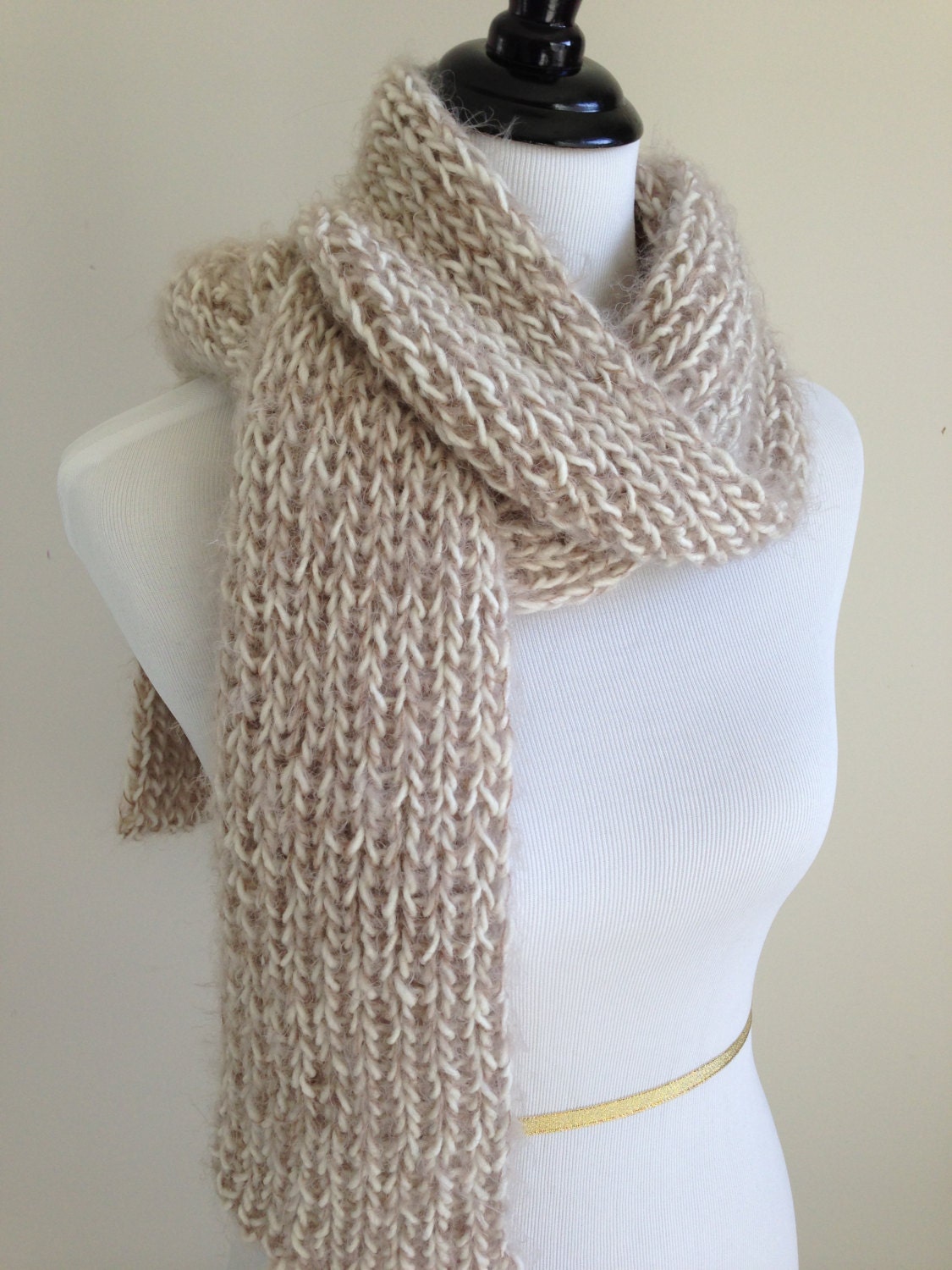 Hand Knit Scarf Super Soft Angel Hair Yarn in Oatmeal Beige