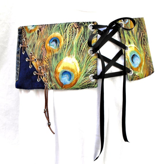 BLACK FRIDAY SALE!  Peacock print corset hip belt, edgy gift, steampunk belt, unique fashion, festival belt, hippie gear