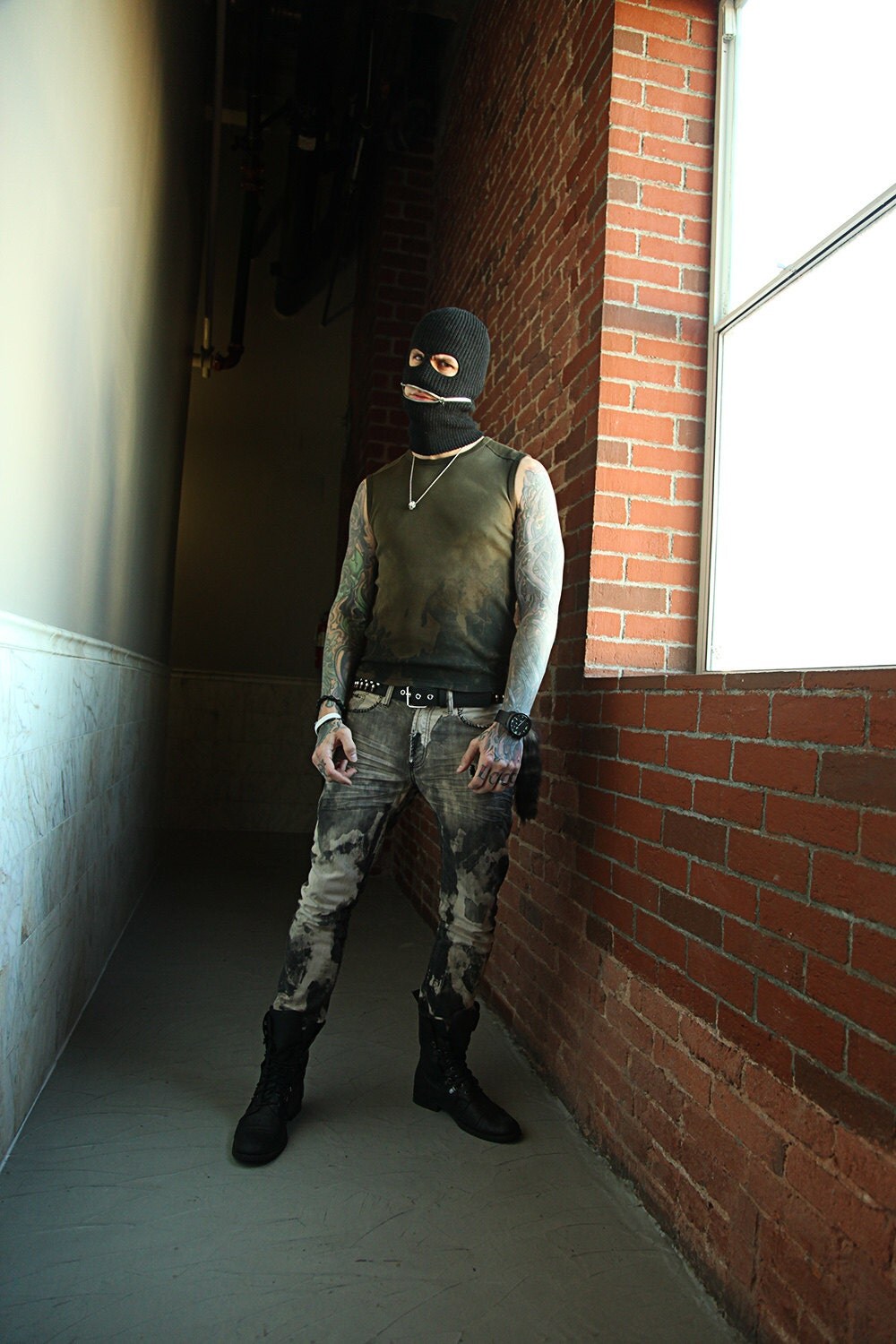 Black ski mask hat beanie with splatter paint zipper mouth