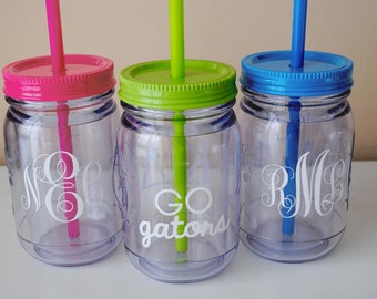 Monogram Mason Jar Cup With Straw / Available In Many Colors