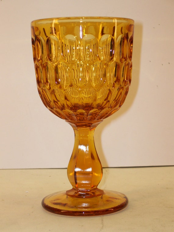 Vintage Unmarked Fenton Amber Glass Goblet in Thumbprint Pattern