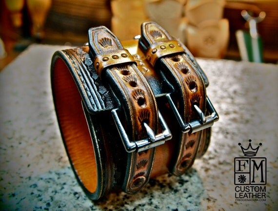 Leather cuff bracelet Classic Old West Brown Vintage style Rock and Roll Stamped and Tooled for YOU in NYC by Freddie Matara